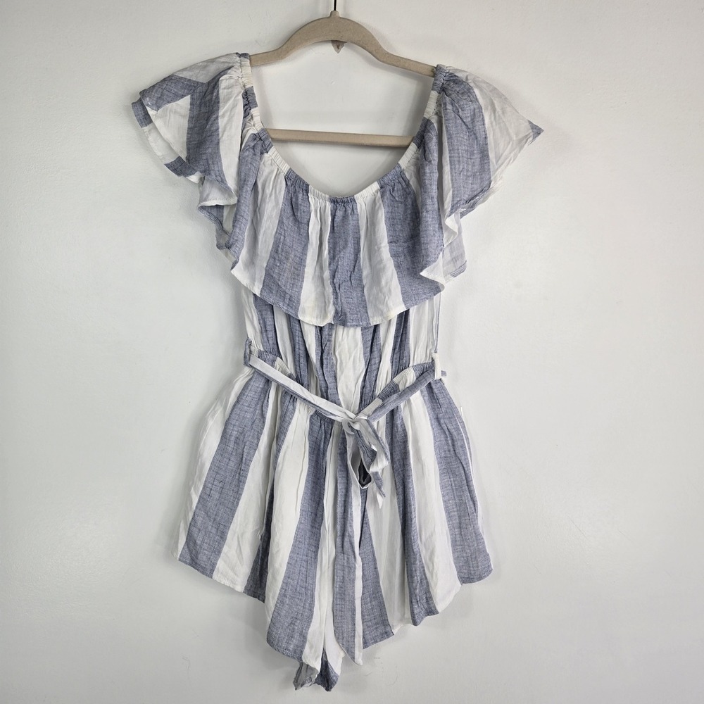 Seek The Label Womens Small Blue White Striped Off Shoulder Ruffle Romper